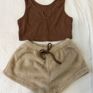 brown cropped tank and tan fluffy micro short lounge set